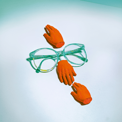 Green eyeglasses with orange gloves on a light blue background