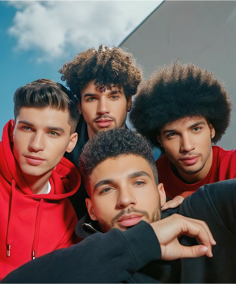 Four men posing together with a clear sky background